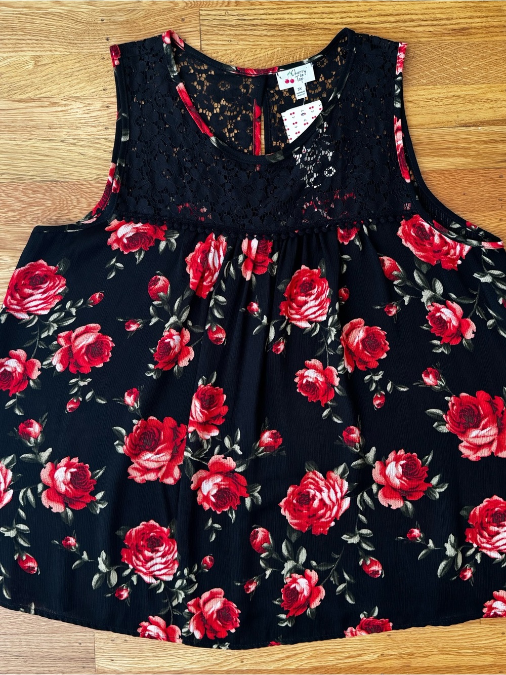 Cherry On Top Black Lace Yoke Floral Tank with Red Roses, NWT, 3x